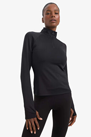 Defacto B0811 Siyah DeFactoFit Standart Fit Dik Yaka Fermuarlı İçi Yumuşak Tüylü Sporcu Uzun Kollu Tişört