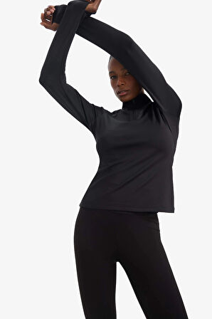 Defacto B0811 Siyah DeFactoFit Standart Fit Dik Yaka Fermuarlı İçi Yumuşak Tüylü Sporcu Uzun Kollu Tişört