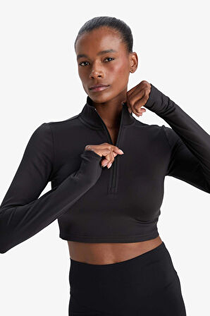 Defacto W0343 Siyah DeFactoFit Slim Fit Dar Kesim Fermuarlı Dik Yaka İçi Yumuşak Tüylü Esnek Kumaş Uzun Kollu Tişört