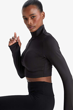 Defacto W0343 Siyah DeFactoFit Slim Fit Dar Kesim Fermuarlı Dik Yaka İçi Yumuşak Tüylü Esnek Kumaş Uzun Kollu Tişört