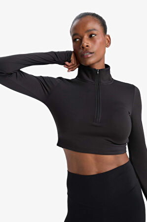 Defacto W0343 Siyah DeFactoFit Slim Fit Dar Kesim Fermuarlı Dik Yaka İçi Yumuşak Tüylü Esnek Kumaş Uzun Kollu Tişört