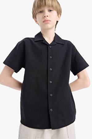 Erkek Çocuk Oversize Geniş Kalıp Polo Yaka Keten Görünümlü Kısa Kollu Gömlek
