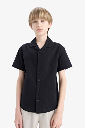 Erkek Çocuk Oversize Geniş Kalıp Polo Yaka Keten Görünümlü Kısa Kollu Gömlek