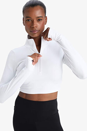 DeFactoFit Slim Fit Dar Kesim Fermuarlı Dik Yaka Uzun Kollu Tişört