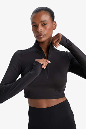 DeFactoFit Slim Fit Dar Kesim Fermuarlı Dik Yaka İçi Yumuşak Tüylü Esnek Kumaş Uzun Kollu Tişört