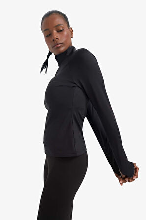 DeFactoFit Standart Fit Dik Yaka Fermuarlı İçi Yumuşak Tüylü Sporcu Uzun Kollu Tişört