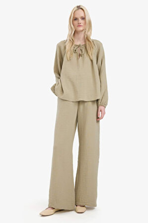 Wide Leg Müslin Kumaş Pantolon Çift Cepli Yüksek Bel Geniş Paça