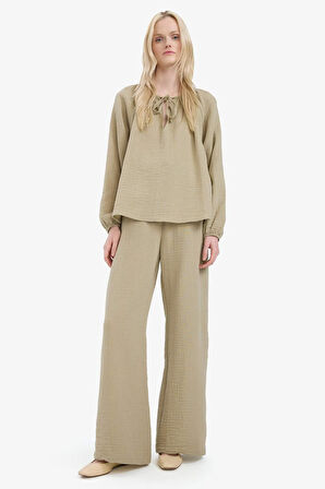 Wide Leg Müslin Kumaş Pantolon Çift Cepli Yüksek Bel Geniş Paça