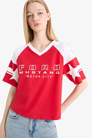 DeFacto Coool Ford Motor Company Oversize Geniş Kalıp V Yaka Kısa Kollu Tişört F2045AX25SMRD59