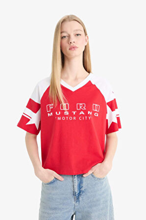 DeFacto Coool Ford Motor Company Oversize Geniş Kalıp V Yaka Kısa Kollu Tişört F2045AX25SMRD59