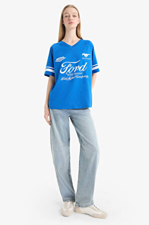 DeFacto Coool Ford Motor Company Oversize Geniş Kalıp V Yaka Baskılı Kısa Kollu Tişört F2046AX25SMBE165