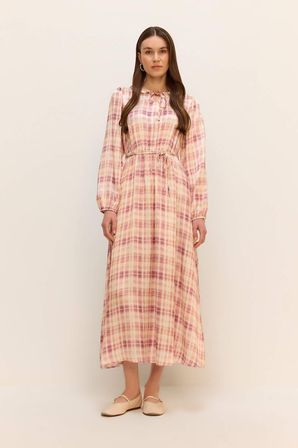 DeFacto Regular Fit Gömlek Yaka Desenli Saten Uzun Kollu Maxi Elbise F2725AX25SMPN441