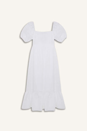 DeFacto Kare Yaka Poplin Kısa Kollu Maxi Beyaz Yazlık Elbise F3108AX25SMER105