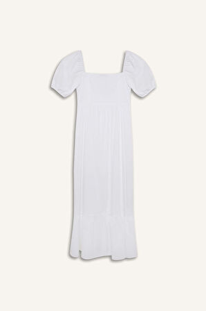 DeFacto Kare Yaka Poplin Kısa Kollu Maxi Beyaz Yazlık Elbise F3108AX25SMER105