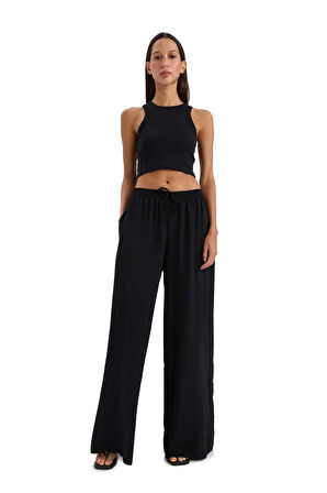 Wide Leg Keten Karışımlı Kumaş Pantolon Yüksek Bel Geniş Paça
