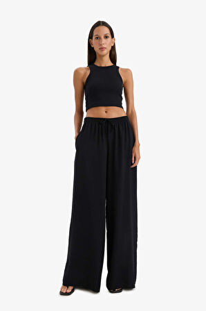 Wide Leg Keten Karışımlı Kumaş Pantolon Yüksek Bel Geniş Paça
