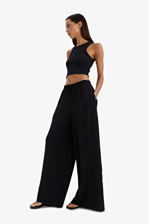 Wide Leg Keten Karışımlı Kumaş Pantolon Yüksek Bel Geniş Paça