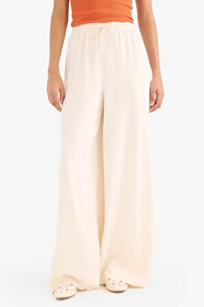 Wide Leg Keten Karışımlı Kumaş Pantolon Yüksek Bel Geniş Paça