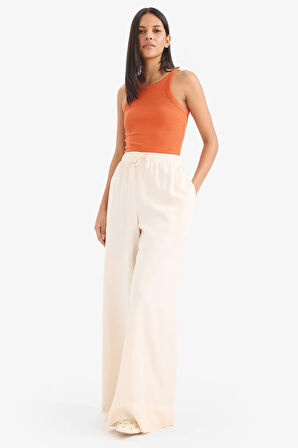 Wide Leg Keten Karışımlı Kumaş Pantolon Yüksek Bel Geniş Paça