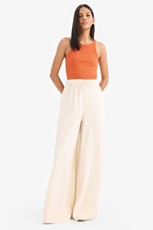 Wide Leg Keten Karışımlı Kumaş Pantolon Yüksek Bel Geniş Paça
