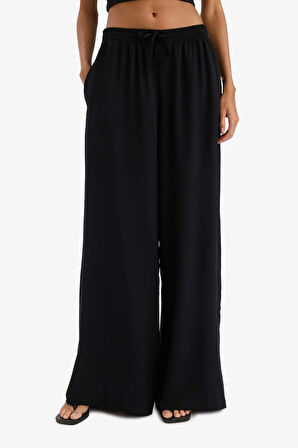 Wide Leg Keten Karışımlı Kumaş Pantolon Yüksek Bel Geniş Paça