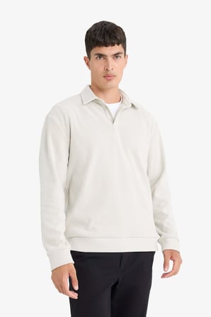 DeFacto Regular Fit Polo Yaka Yarım Fermuarlı Fitilli Kadife Sweatshirt E9410AX25AUBG672