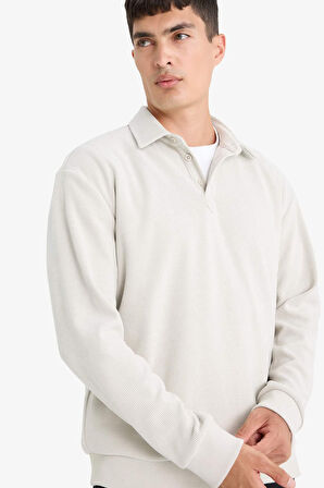 Regular Fit Polo Yaka Yarım Fermuarlı Fitilli Kadife Sweatshirt 