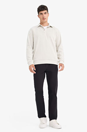 Regular Fit Polo Yaka Yarım Fermuarlı Fitilli Kadife Sweatshirt 