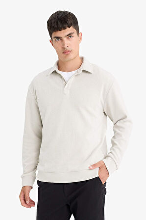 Regular Fit Polo Yaka Yarım Fermuarlı Fitilli Kadife Sweatshirt 