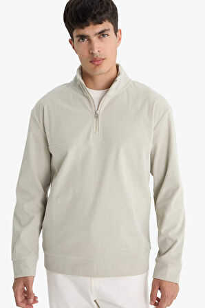 Regular Fit Yarım Fermuarlı Fitilli Kadife Sweatshirt