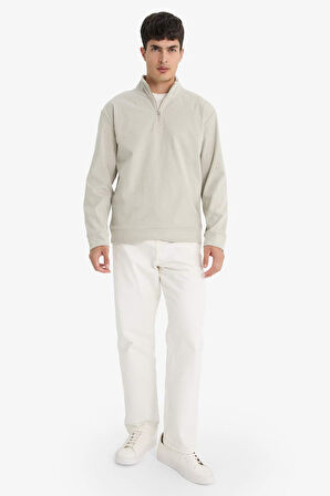 Regular Fit Yarım Fermuarlı Fitilli Kadife Sweatshirt