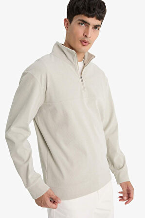 Regular Fit Yarım Fermuarlı Fitilli Kadife Sweatshirt