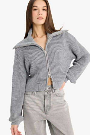 Slim Fit Dar Kesim Polo Yaka Fermuarlı Triko Hırka