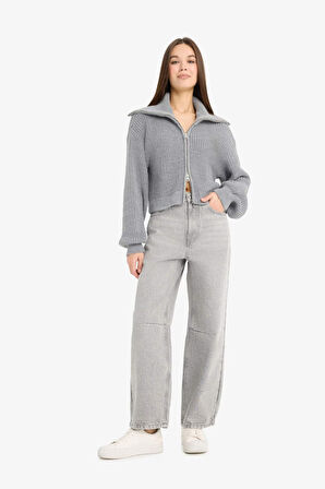 Slim Fit Dar Kesim Polo Yaka Fermuarlı Triko Hırka