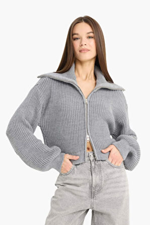 Slim Fit Dar Kesim Polo Yaka Fermuarlı Triko Hırka