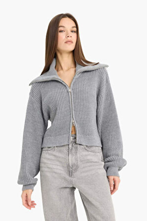 Slim Fit Dar Kesim Polo Yaka Fermuarlı Triko Hırka