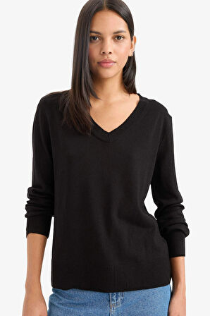 Defacto C4024 Siyah Relax Fit V Yaka Triko Kazak