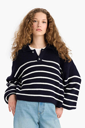 Coool Relax Fit Polo Yaka Düğmeli Çizgili Triko Kazak 