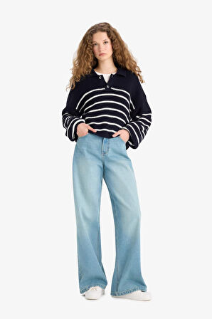 Coool Relax Fit Polo Yaka Düğmeli Çizgili Triko Kazak 