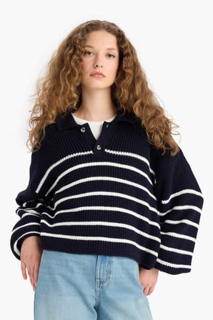 DeFacto Relax Fit Polo Yaka Yarım Düğmeli Çizgili Triko Kazak C4918AX25WNNV31