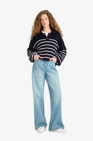 DeFacto Relax Fit Polo Yaka Yarım Düğmeli Çizgili Triko Kazak C4918AX25WNNV31