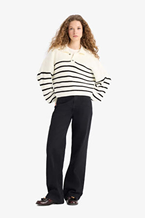 Coool Relax Fit Polo Yaka Düğmeli Çizgili Triko Kazak 