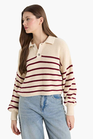 Coool Relax Fit Polo Yaka Düğmeli Çizgili Triko Kazak