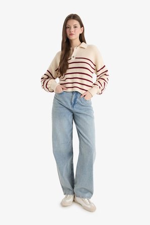 DeFacto Relax Fit Polo Yaka Yarım Düğmeli Çizgili Triko Kazak C4918AX25WNBG647