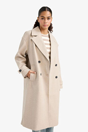 Regular Fit Düğmeli Uzun Kaşe Kaban