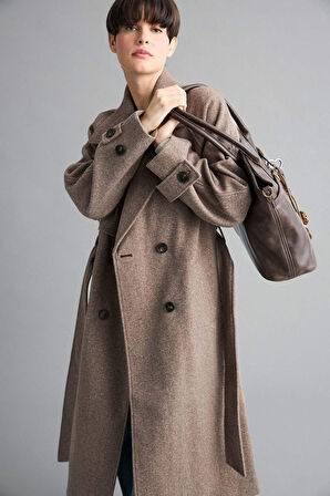 Regular Fit Düğmeli Kaşe Uzun Kaban