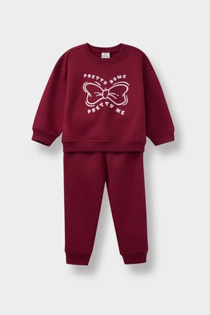 Kız Bebek 2'li Takım Baskılı İçi Yumuşak Tüylü Sweatshirt Eşofman Altı