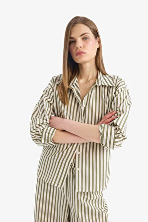 Loose Fit Çizgili Poplin Uzun Kollu Gömlek