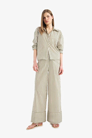 Loose Fit Çizgili Poplin Uzun Kollu Gömlek