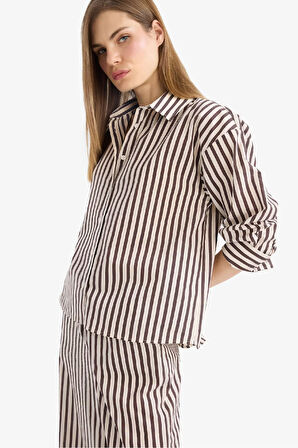 Loose Fit Çizgili Poplin Uzun Kollu Gömlek
